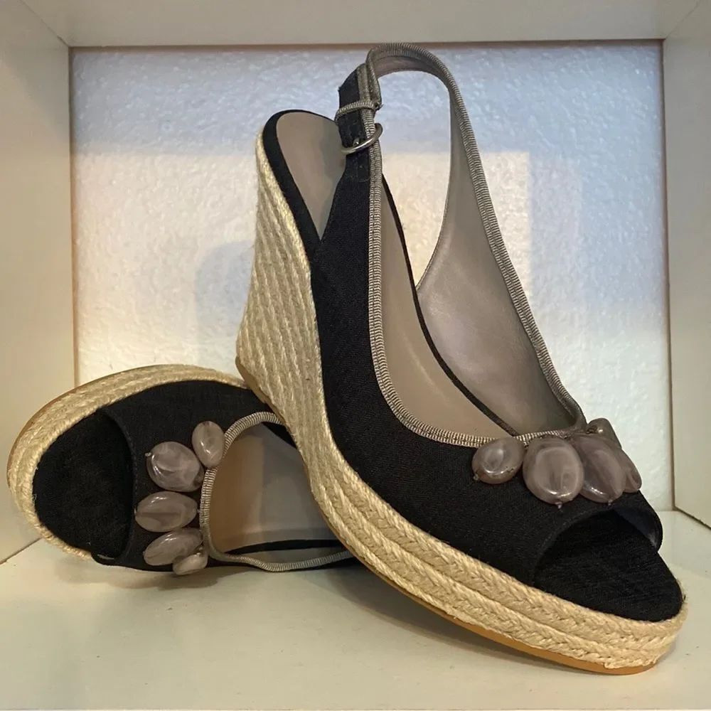 Boden Black Espadrille Wedge Sandals Beaded Slingback Peep Toe Boho Coastal 9